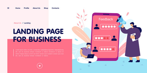Poster - Application user giving positive feedback. Tiny female character with loudspeaker, huge phone flat vector illustration. Customer feedback, software development concept for banner, website design