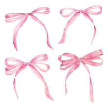 Set Of Watercolor Pink Bows Isolated On White Background.