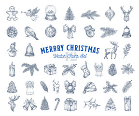 Wall Mural - Hand Drawn Christmas Icons Collection. Set of Winter Holidays New Year Sketches Engraving Style Xmas Doodle Drawings Bundle Isolated