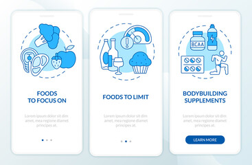 Bodybuilding nutrition blue onboarding mobile app screen. Sport walkthrough 3 steps graphic instructions pages with linear concepts. UI, UX, GUI template. Myriad Pro-Bold, Regular fonts used