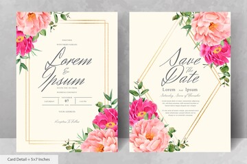 Wall Mural - Beautiful Watercolor Floral Wedding Invitation Set with Hand Drawn Peony and Leaves