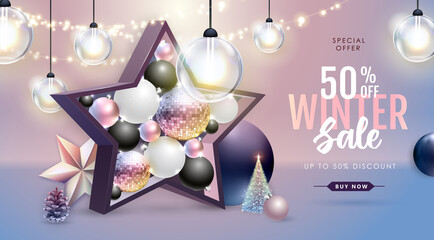 Wall Mural - Winter sale poster with christmas holiday decorations. Christmas and New Year background. Vector illustration