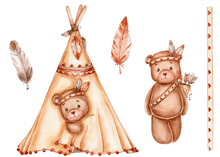 Boho Set With Teddy Bear, Teepee And Feathers; Watercolor Hand Drawn Illustration; With White Isolated Background
