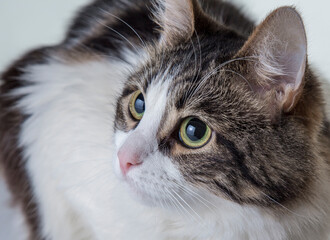 fluffy white cat with green eyes and dark back on a white background