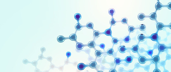 Poster - Molecular lattice, nano structure and microbiology. Abstract molecule model. Scientific research,  molecular chemistry. 3D illustration on a light blue medical background