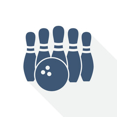 Poster - Bowling pins with ball flat design vector icon. Sport equipment symbol. Logo template.