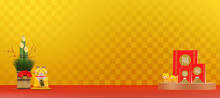 金色の背景に置かれた門松と福袋と虎の置物 / コピースペースのあるお正月用背景素材 / 初売り・新春セール・福袋・お年玉セールのコンセプトイメージ / 3Dレンダリンググラフィックス
