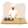 © Den VIII - Man cooking in kitchen. Bearded chef male wearing toque stirring soup. Person wearing chefs hat preparing food. Man cooking at home. Cartoon vector illustration isolated on white.