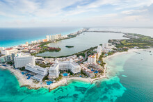 Aerial Panoramic View Of Cancun Beach And City Hotel Zone In Mexico. Caribbean Coast Landscape Of Mexican Resort With Beach Playa Caracol And Kukulcan Road. Riviera Maya In Quintana Roo Region On