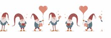 Seamless Linear Pattern With Scandinavian Gnomes. Happy Valentines Day. Love. Vector Illustration In Trendy Cartoon Style. Nordic Design For Postcard, Print, Textile, Wrapping Paper, Poster, Wallpaper