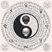 Hand-drawn Yin Yang Symbol With Human Skulls, Cobwebs And Magic Signs, Written In A Circle On A Light Backdrop. Vector Occult And Mystical Sign Of Balance, Harmony, Unity And Opposites, Life And Death