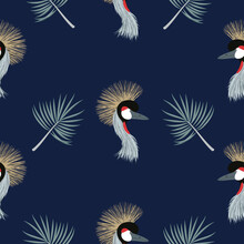 Seamless Grey Crowned Crane Bird Pattern. 