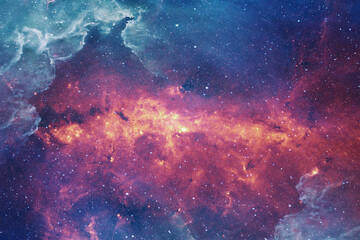 Poster - Deep space background. Interstellar red and blue cloud of dust and gas. Space background with nebula and stars.