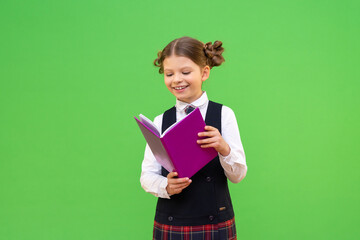 Wall Mural - the schoolgirl reads and studies the school curriculum from the textbook with interest. a student with pigtails on an isolated background. copy space. a girl with a book and pigtails.