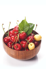 Wall Mural - Cherry In wooden Bowl Isolated On White Background