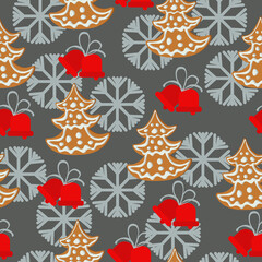 Gingerbread Christmas tree seamless pattern, Christmas gingerbread and bells on gray background