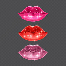 Beautiful Voluminous Lips On A Transparent Background, Pink Lips With A Shiny Glitter Texture, Vector EPS 10 Illustration