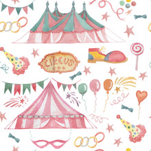 

Circus Marquee Arena Watercolor Illustration Hand Drawn Patern Seamless Pattern Hand Rings Ball Flags Arena Clown Hat And Boot Set Of Separate Elements Sticker