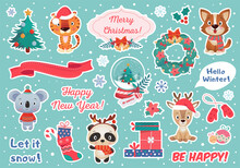 Big Colorful Set Of Different Cristmas And Happy New Year Decoration, Cute Amimals Stickers On Blue Background