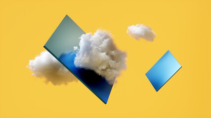 Wall Mural - 3d render, abstract scene with white clouds and blue geometric square shapes, isolated on yellow background, modern minimal wallpaper