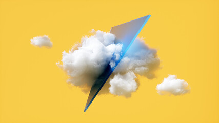 Wall Mural - 3d render, abstract yellow background with blue triangular shape and white clouds, modern minimal wallpaper