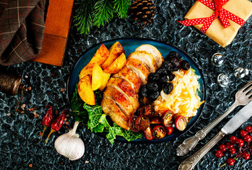 Canvas Print - baked chicken breast with potatoes and olives on xmas background