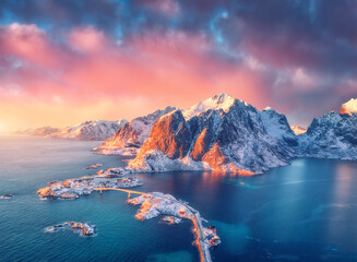 Wall Mural - beautiful landscape with blue sea, snowy mountains, rocks and islands, village, rorbu, road, bridge 