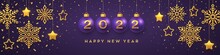 Happy New Year 2022. Hanging Purple Christmas Bauble Balls With Realistic Golden 3d Numbers 2022. Golden Snowflakes And 3D Metallic Stars On Red Background. Holiday Banner, Header. Vector Illustration