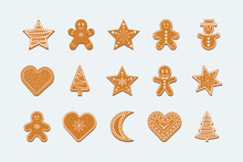 Gingerbread  Set. Ginger Cookie Isolated On White Background. Christmas Gingerbread Figures Cover By Icing-sugar.  Vector Illustration.