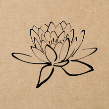 Beautiful Black Ink Painting Of Lotus Flower On Vintage Square Brown Kraft Paper Background