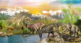 Dinosaurs in the park by the lake. 3d image