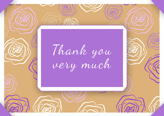 Thank you very match - phrase. Text in frame for wedding and greeting card. Calligraphy hand drawing lettering on purple Background of line art violet and white roses