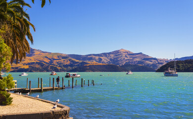 Wall Mural - Panoramic View of Akaroa Beach on the Banks Peninsula, southeast of Christchurch, South Island, New Zealand. Look out spot at the beach.