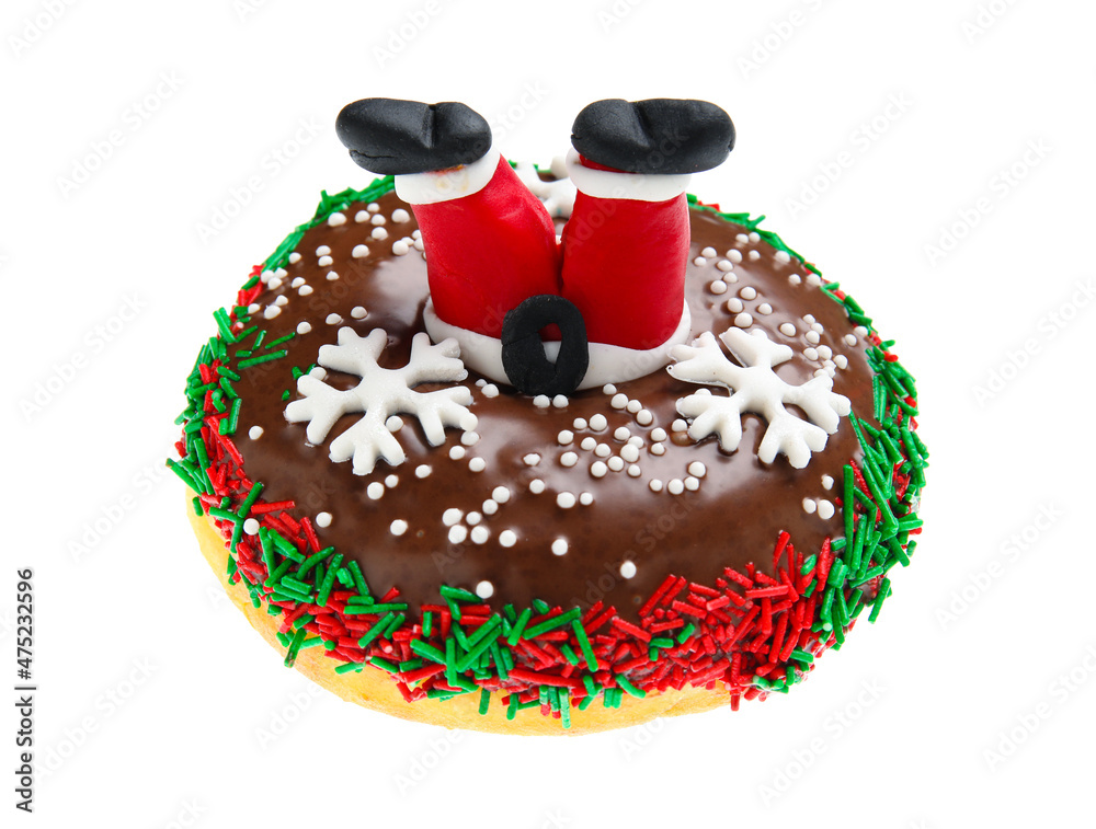 Tasty Christmas donut on white background