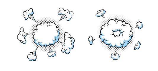 Wall Mural - Surprising boom clouds for sales and promotions. Puff and pow smoke shapes for surprises and bursting events. Vector illustration isolated in white background