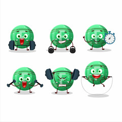 Wall Mural - A healthy green gummy candy F cartoon style trying some tools on Fitness center