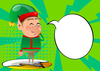 Wall Mural - Christmas Elf holding his nose because of a bad smell. Vector cartoon character illustration of Santa Claus's little worker, helper.