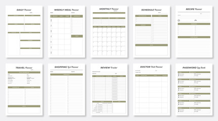 Wall Mural - Set of Minimalist Life and Business Planner. Printable Planner Set 2022. Daily, Weekly, Monthly, Schedule, Recipe, Shopping, Review, Doctor, Password and Travel Planner. Personal and Business Planner.