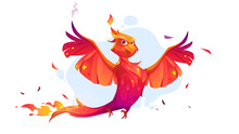 Cute Phoenix Character With Orange Burning Feathers And Fire. Vector Cartoon Illustration Of Flying Fairy Tale Firebird, Beautiful Fenix, Mythology Magic Bird Isolated On Background