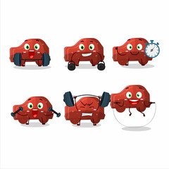 Poster - A healthy red car gummy candy cartoon style trying some tools on Fitness center