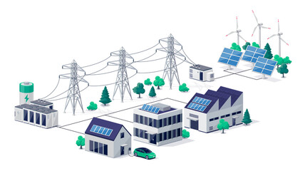 Wall Mural - Smart virtual battery energy storage network with house office factory buildings, renewable solar panel plant station, wind and high voltage electricity distribution grid pylons, electric transformer.