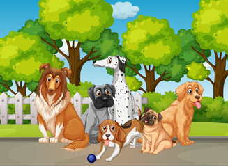 Wall Mural - Park nature scene with many different dogs