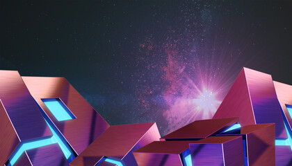 Aufkleber - Creative idea. futuristic Geometric Shape Background and Architecture digital Concept on Sky Background. copy space, digital, banner, website -3d Rendering