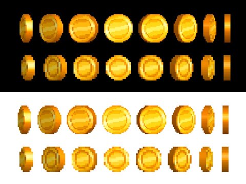 Golden coin animation sprite frames. Pixel art 8bit game, money cash coins set. Vector retro pixel art bonus for arcade video game, gold 2d ui dollars, treasure assets graphic elements