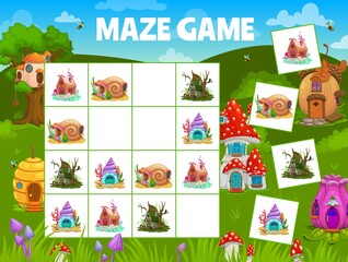 Poster - Sudoku kids maze with cartoon houses flower and acorn, shell, beehive, mushroom and caramel dwellings. Vector riddle worksheet, board game with fairy homes. Educational task, children teaser