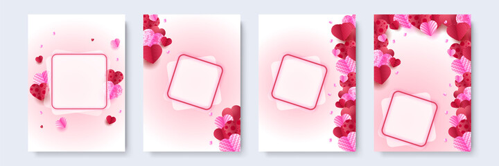 Valentine's day concept posters set. Vector illustration. 3d red and pink paper hearts with frame on geometric background. Cute love sale banners or greeting cards