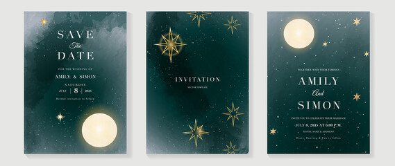 Star and moon themed wedding invitation vector template collection. Gold and luxury save the dated card with watercolor and gold sparkles and brush texture. Starry night cover design background.