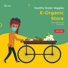 Banner Design Of Healthy Green Veggies E-organic Store. Vegetable Seller Is Wearing A Mask And Pushing The Vegetable Wooden Cart. Vector Graphic Illustration.  