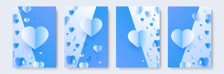 Valentine's day universal blue love heart poster background. Celebrate Valentine day blue Papercut style Love card design background