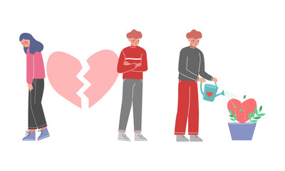 Sticker - Couple with Broken Heart and Man Watering Plant Vector Set.